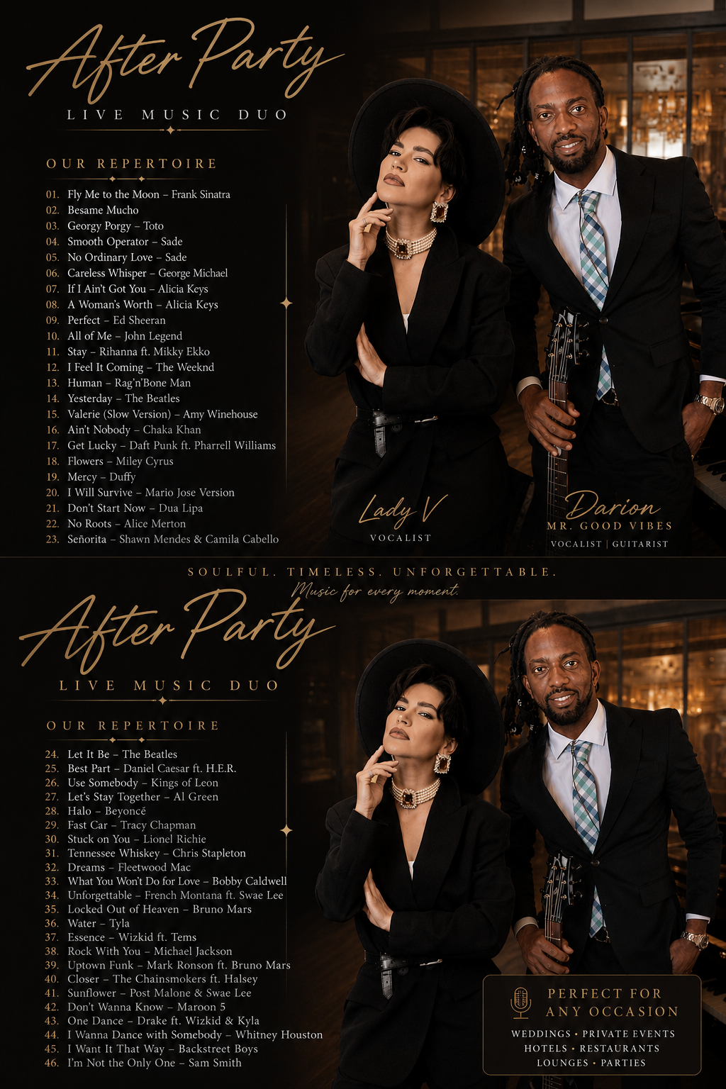 After Party live music duo repertoire featuring Lady V and Darion
